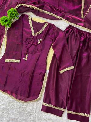 plum color mirror and moti embellished lace border silk blend kurti pant set 5