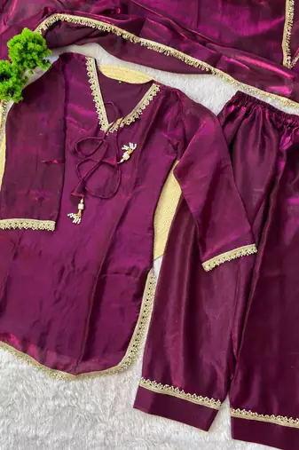 plum color mirror and moti embellished lace border silk blend kurti pant set