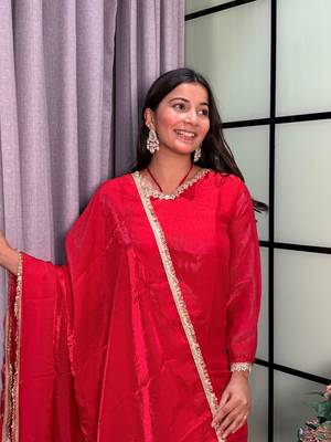 red color mirror and moti embellished lace border silk blend kurti pant set 1