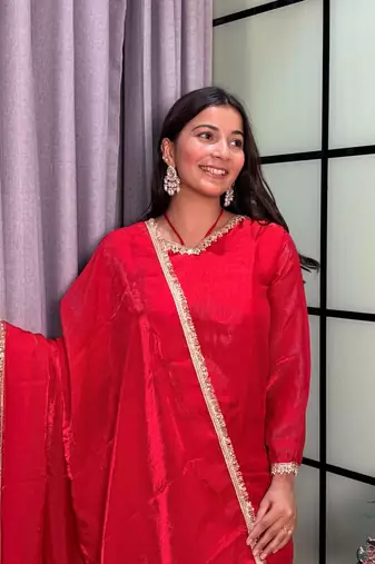 red color mirror and moti embellished lace border silk blend kurti pant set