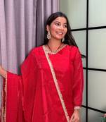 red color mirror and moti embellished lace border silk blend kurti pant set