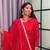 red color mirror and moti embellished lace border silk blend kurti pant set