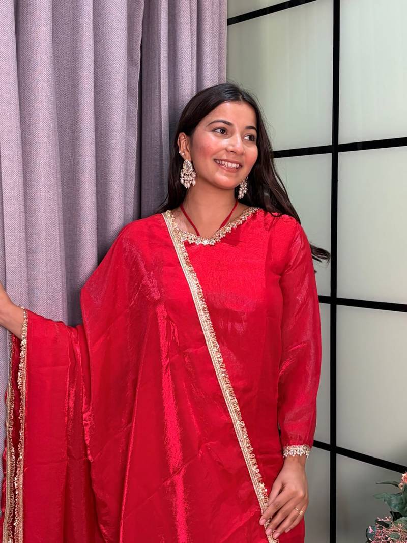 red color mirror and moti embellished lace border silk blend kurti pant set
