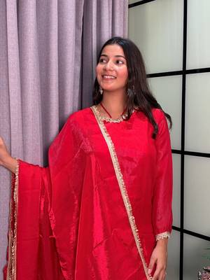 red color mirror and moti embellished lace border silk blend kurti pant set 3