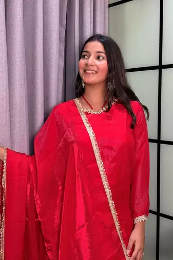 red color mirror and moti embellished lace border silk blend kurti pant set