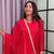 red color mirror and moti embellished lace border silk blend kurti pant set