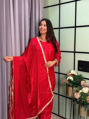 red color mirror and moti embellished lace border silk blend kurti pant set 4