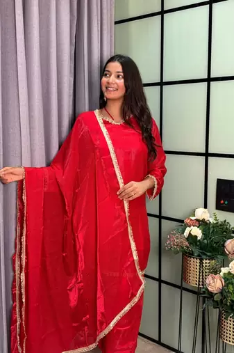 red color mirror and moti embellished lace border silk blend kurti pant set