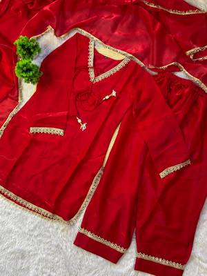 red color mirror and moti embellished lace border silk blend kurti pant set 5