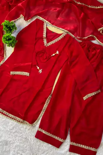 red color mirror and moti embellished lace border silk blend kurti pant set