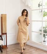 Women's Solid Beige Kurta and Pants Set with Mandarin Collar
