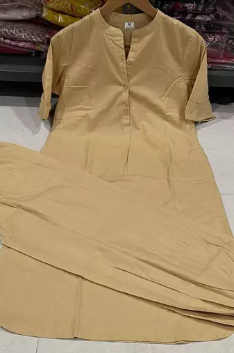 Women's Solid Beige Kurta and Pants Set with Mandarin Collar