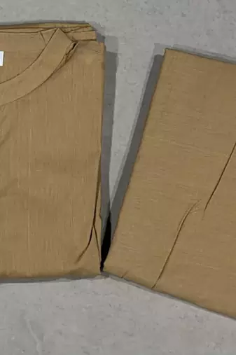 Women's Solid Beige Kurta and Pants Set with Mandarin Collar