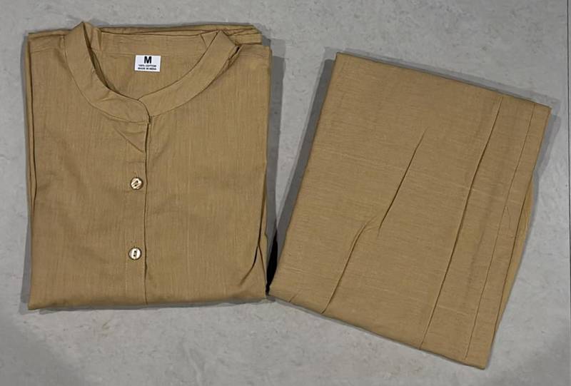 Women's Solid Beige Kurta and Pants Set with Mandarin Collar