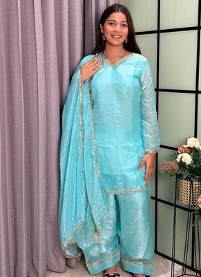 sky blue color mirror and moti embellished lace border silk blend kurti pant set 1