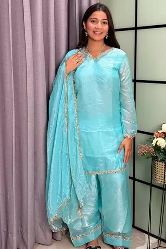 sky blue color mirror and moti embellished lace border silk blend kurti pant set