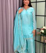 sky blue color mirror and moti embellished lace border silk blend kurti pant set