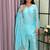 sky blue color mirror and moti embellished lace border silk blend kurti pant set