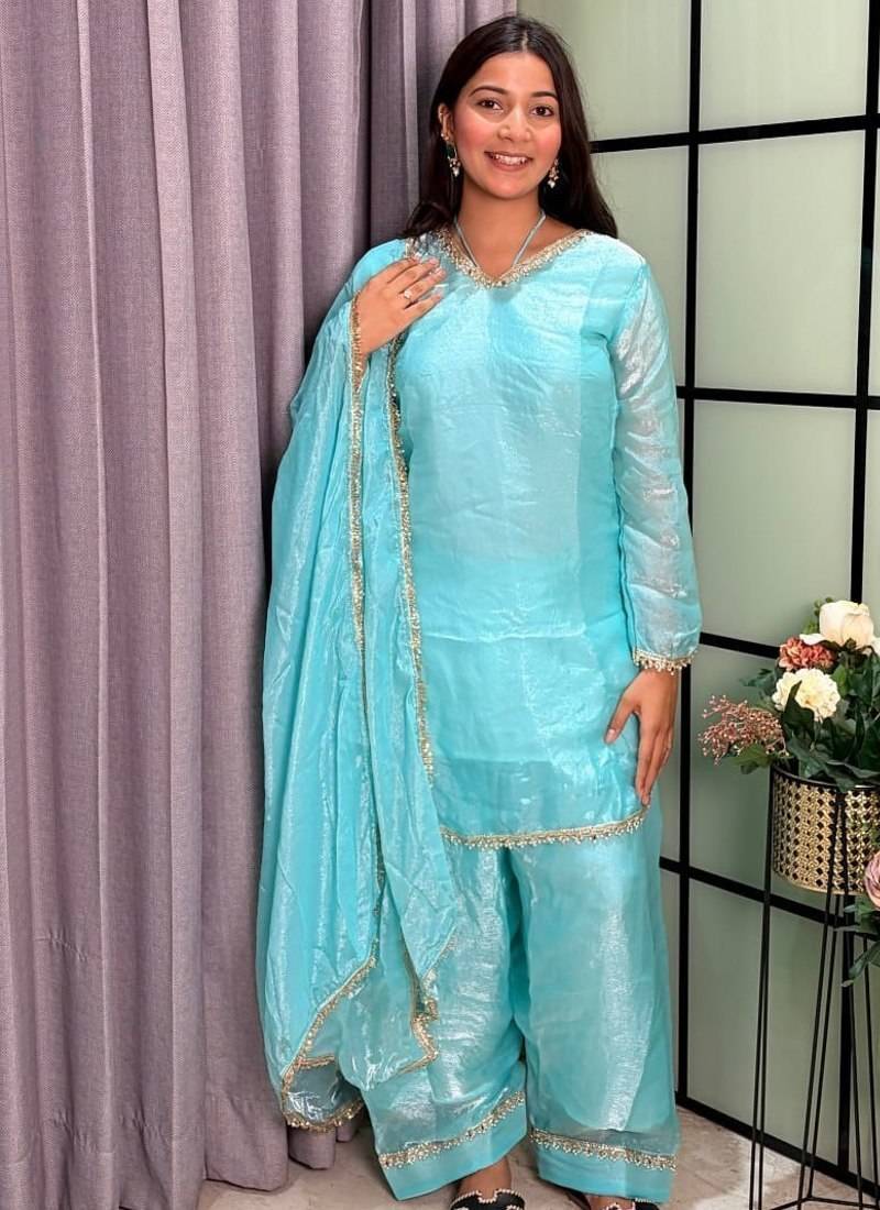 sky blue color mirror and moti embellished lace border silk blend kurti pant set