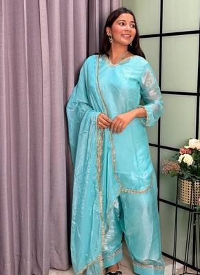 sky blue color mirror and moti embellished lace border silk blend kurti pant set 2