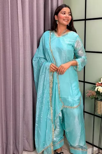 sky blue color mirror and moti embellished lace border silk blend kurti pant set