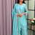 sky blue color mirror and moti embellished lace border silk blend kurti pant set