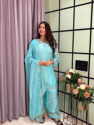sky blue color mirror and moti embellished lace border silk blend kurti pant set 3