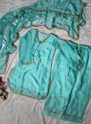 sky blue color mirror and moti embellished lace border silk blend kurti pant set 4
