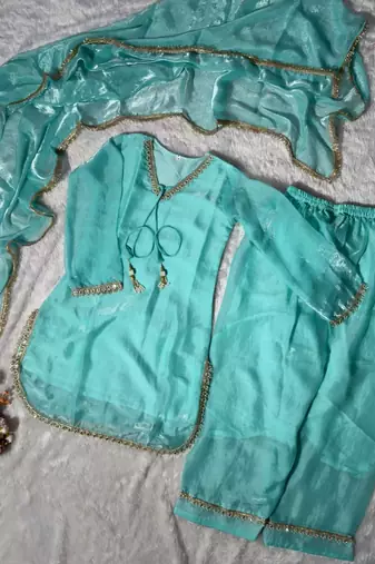 sky blue color mirror and moti embellished lace border silk blend kurti pant set