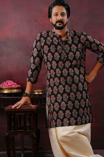 Mens festive black ajrak kurta