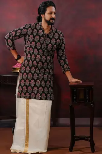 Mens festive black ajrak kurta