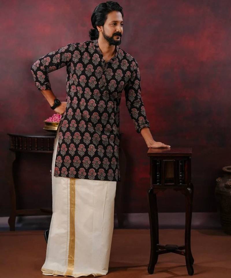 Mens festive black ajrak kurta
