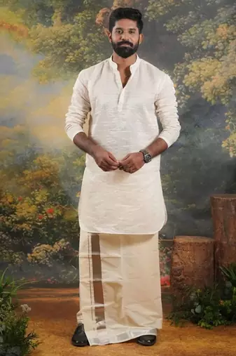 Silver Men's festive tissue kurta in silver zari