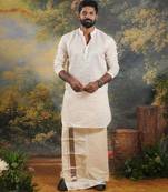 Silver Men's festive tissue kurta in silver zari