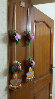 handmade mdf diya hanging with artificial peony flowers and bead latkan pack of 2 1