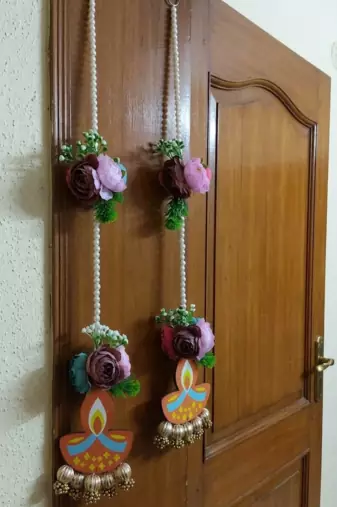 handmade mdf diya hanging with artificial peony flowers and bead latkan pack of 2