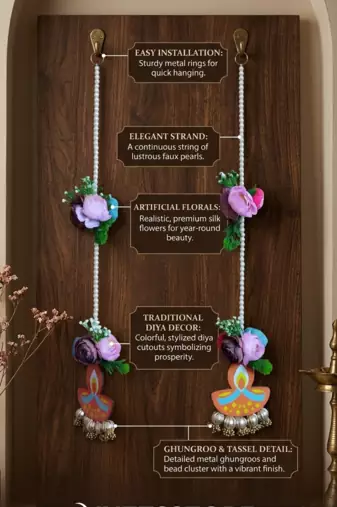 handmade mdf diya hanging with artificial peony flowers and bead latkan pack of 2
