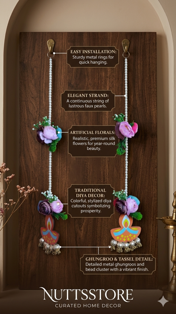 handmade mdf diya hanging with artificial peony flowers and bead latkan pack of 2