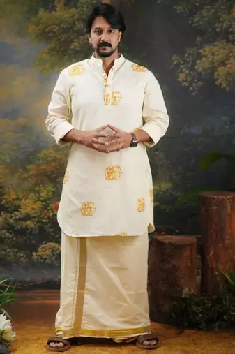 Men's golden elephant printed cream kurta