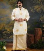 Men's golden elephant printed cream kurta
