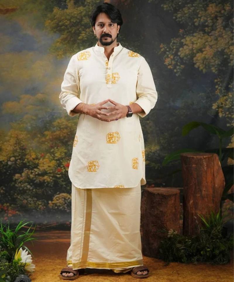 Men's golden elephant printed cream kurta
