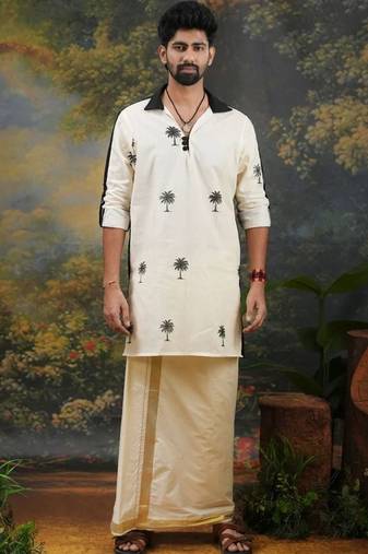 Men's thengu printed cream and black kurta