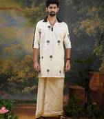 Men's thengu printed cream and black kurta