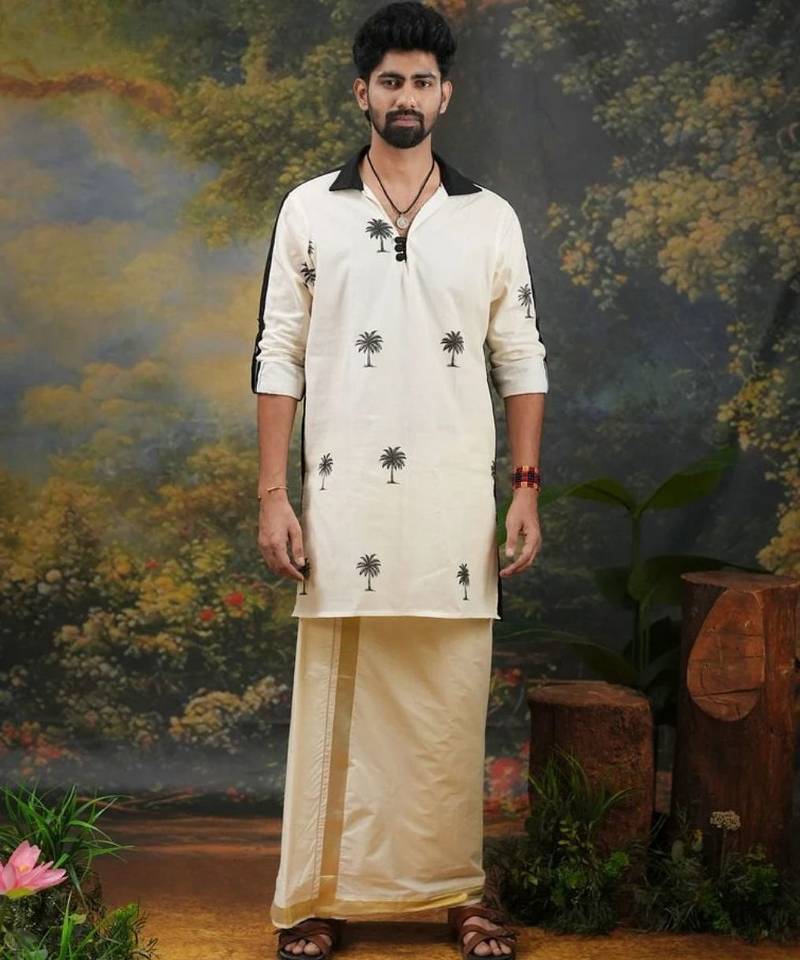 Men's thengu printed cream and black kurta