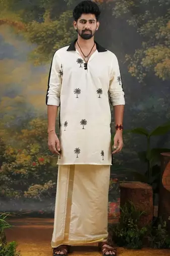 Men's thengu printed cream and black kurta