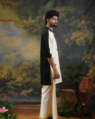 Men's thengu printed cream and black kurta 3