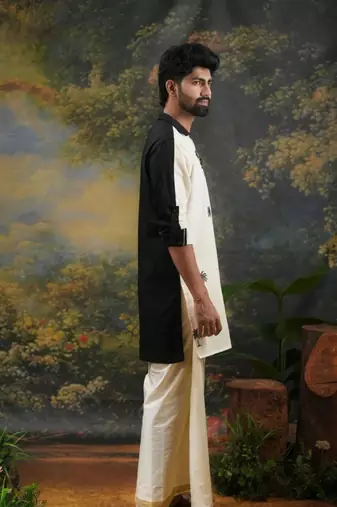 Men's thengu printed cream and black kurta