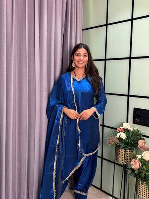 teal color mirror and moti embellished lace border silk blend kurti pant set 1
