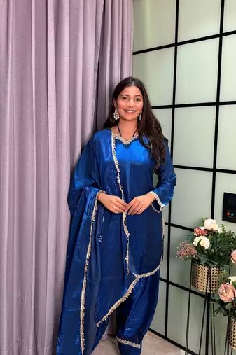 teal color mirror and moti embellished lace border silk blend kurti pant set