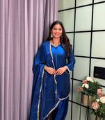 teal color mirror and moti embellished lace border silk blend kurti pant set